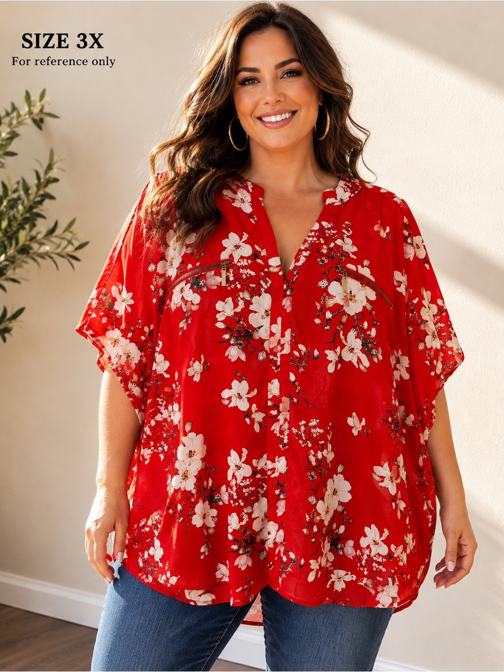 RUE+ Women's Red Floral V-Neck Button-Front Blouse Size 3X Plus Size Vacation